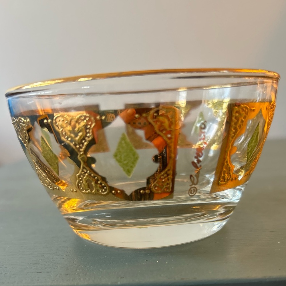 Vintage Culver Ltd Bowl 22K Gold Green Diamond Valencia Pattern 4”Signed in gold